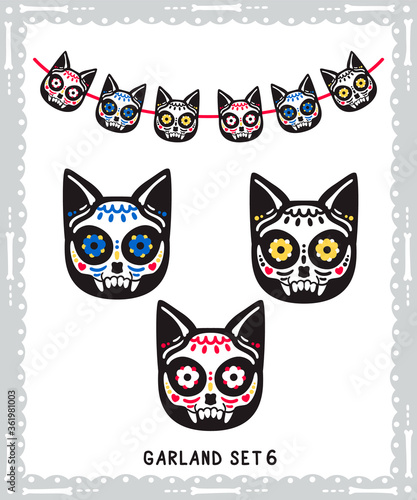 Cat sugar skulls set for Day of the Dead celebration home decoration. Collection for garland or print.
