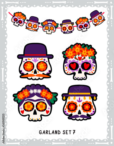 Male and female Mexican skulls set. Day of the Dead garland collection. Vector flat cartoon design.
