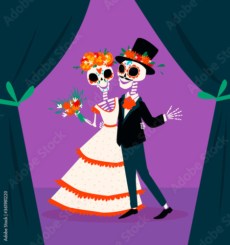 Dia de los Muertos illustration. Skeletons couple in traditional clothes hugging and dancing.