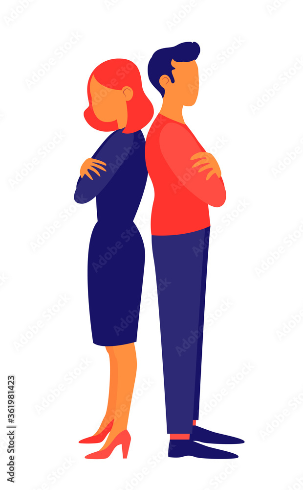 A man and a woman are standing back to back. Vector flat illustration.
