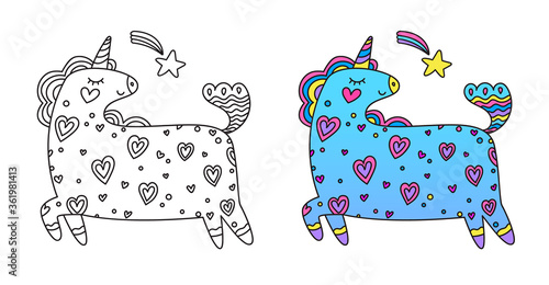 Coloring page illustration with a sample. Happy cartoon unicorn with hearts on it's body and make a wish star.