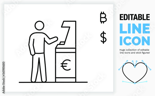 Editable line icon of a stick figure at the ATM machine