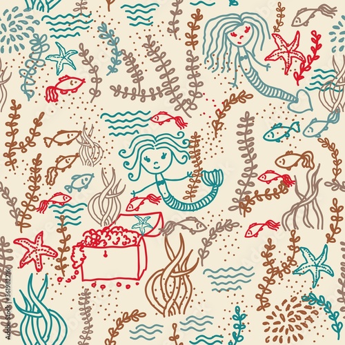 seamless doodle pattern with mermaid 