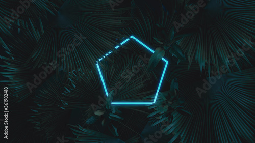 3d rendering of blue pentagon neon light with tropical leaves. Flat lay of minimal nature style concept photo