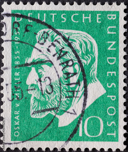 GERMANY - CIRCA 1955: this postage stamp shows a protrait by Oskar von Miller on the occasion of his 100th birthday, circa 1955