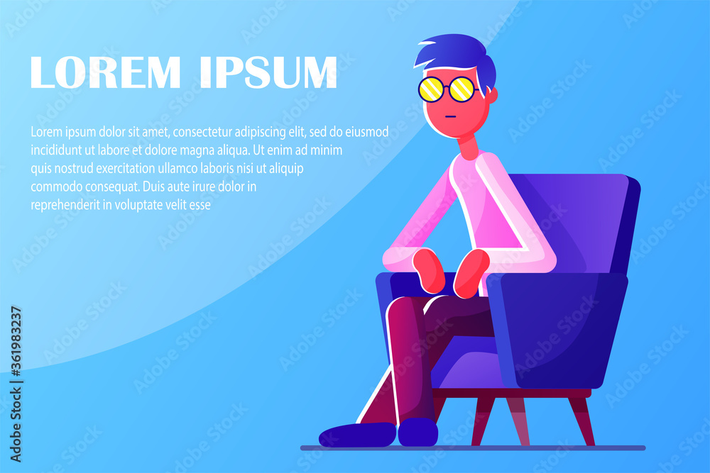 Banner with a pensive young man in glasses sitting in a chair. With text template Banner with a pensive young man in glasses sitting in a chair. With text template