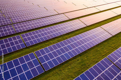 Looking down on to solar panels at sunrise