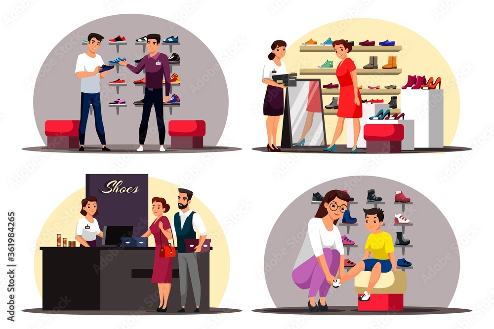 Obraz premium Vector character illustration of shoe store scenes set