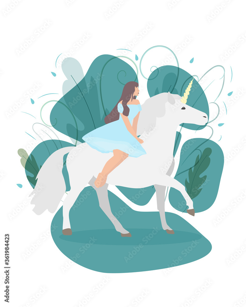 Girl on a unicorn against the background of leaves. Vector illustration of a girl on a horse