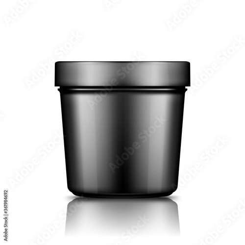 Black plastic bucket mockup isolated from background: ice cream, butter or yogurt container. Package design for branding. Blank food, medical, beauty product template. 3d realistic vector illustration