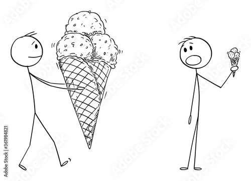 Vector cartoon stick figure drawing conceptual illustration of man holding big ice cream in waffle cone. Summer cold dessert. Man with small cone is shocked.