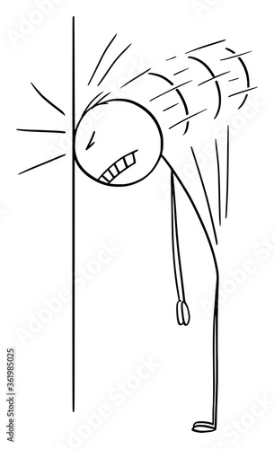 Vector cartoon stick figure drawing conceptual illustration of frustrated man or businessman hitting wall with his head, head against wall.