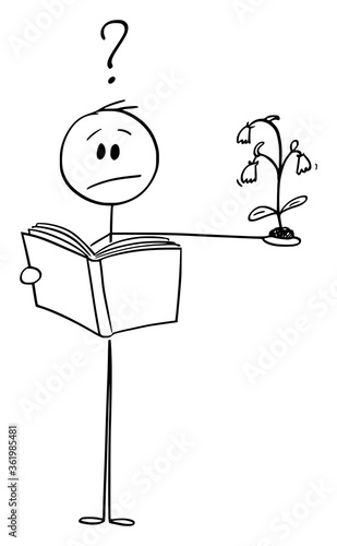 Vector cartoon stick figure drawing conceptual illustration of man or scientist trying to find and identify unknown plant in book or herbarium.