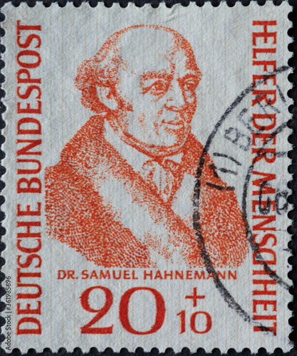 GERMANY - CIRCA 1955: This postage stamp shows the portrait of the founder of homeopathy Samuel Hahnemann born in 1755. Circa 1955 photo