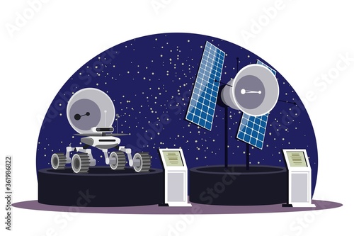 Podium with mars rover and space satellite in astronomy museum