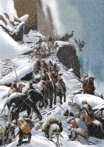 Konstfotografi Hannibal crosses the Alps with elephants during a snowstorm during the Second Pu