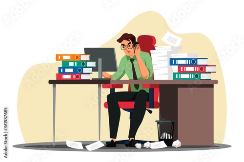 Multitask office clerk talking phone at computer