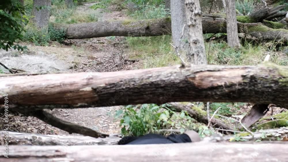young man runs through the forest in summer, jumping over thick trunks of fallen trees, hurdling, concept of gangster pursuit, danger, outdoor sports training young man runs through the forest in summer, jumping over thick trunks of fallen trees, hurdling, concept of gangster pursuit, danger, outdoor sports training