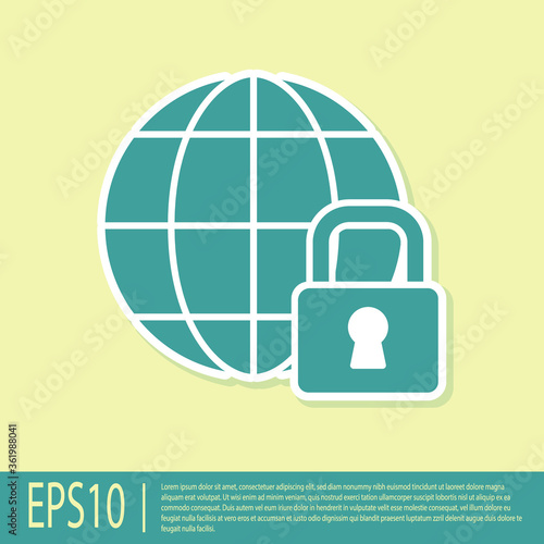 Green Global lockdown - locked globe icon isolated on yellow background. Vector.