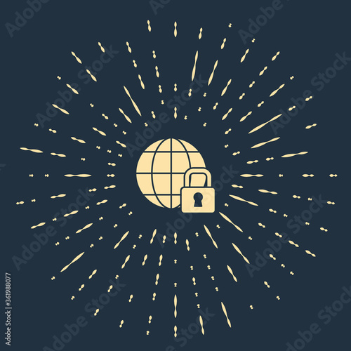 Beige Global lockdown - locked globe icon isolated on blue background. Abstract circle random dots. Vector.