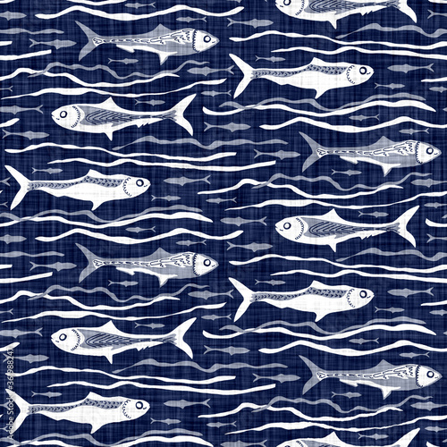 Indigo dye sardine block print linen texture background. Seamless woven repeat batik pattern swatch. Portugal fish blue white distressed block print all over textile.