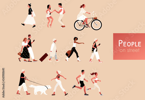 Crowd of tiny people wearing stylish clothes. Fashionable men and women, outdoor activities. Group of male and female cartoon characters walking, dancing, running cycling. Flat vector illustration.