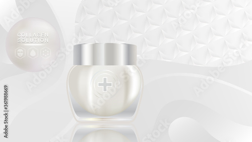 Beauty product ad design, white cosmetic container with collagen solution advertising background ready to use, luxury skin care banner, illustration vector.	