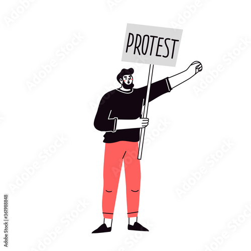 Person, a man protesting with a banner. Demonstration, rally. Expression of opinion, dissent.