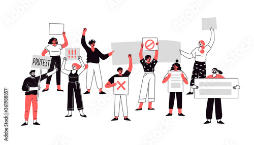 People of different nationalities are protesting with banners, flags. Voting people at the demonstration. Isolation of the concept of political rally and the vector of protest. Group protest.