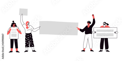 Humans of protesters with banners, flags. Voting people at the demonstration. Isolation of the concept of political rally and the vector of protest. Illustration of group protest.