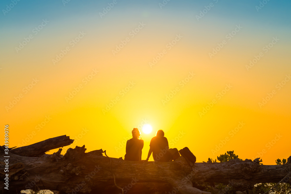 Fototapeta premium Silhouettes of romantic couple people sitting on tree trunk at tropical beach at sunset