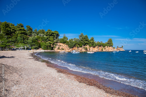 Beautiful panoramic view on Achladopotamo beach, Evia island. Greece.