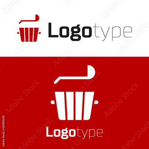 Red Sauna bucket and ladle icon isolated on white background. Logo design template element. Vector.