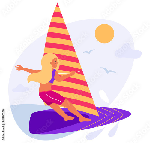 Windsurfer girls on windsurfing board with sail - Cartoon vector Illustration in flat style. Summertime template with sun tanned blonde haired woman do in for sports at sea.