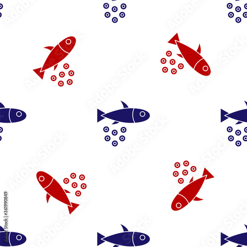 Blue and red Fish with caviar icon isolated seamless pattern on white background. Vector..