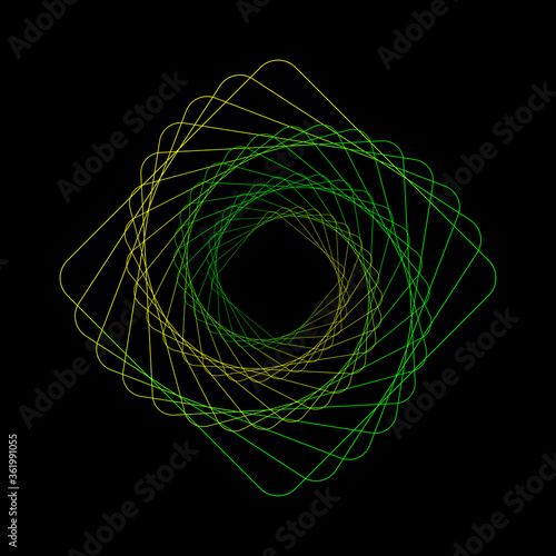Swirling symbol. Optical illusion. Twisted square. 3D wireframe abstract tunnel. Vector illustration.