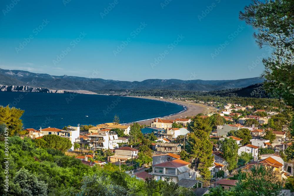 Beautiful panoramic view on Paralia Agias Annas beach in Agkali village,   Evia island.  Greece.