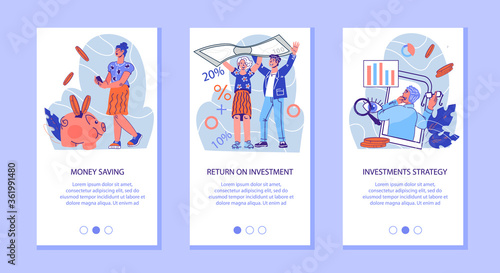 Money saving and investments strategy set of mobile onboarding pages. Investment business, ROI or profit of money investing. Financial scheme to develop commercial venture. Cartoon vector illustration