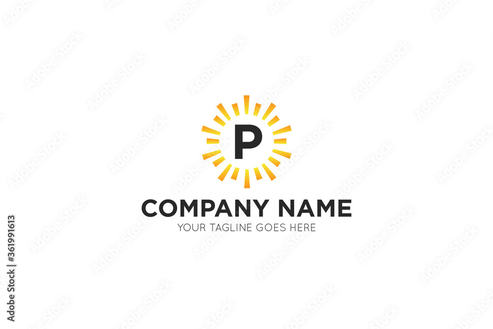 Fototapeta premium Initial letter p sun, solar logo and icon vector illustration