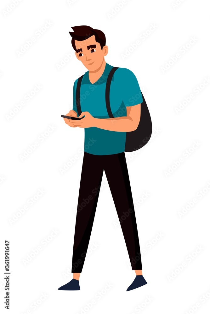 Man looking at phone walking on street