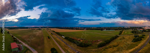 Storm clouds over the Rhine near Monheim and Leverkusen, Germany.