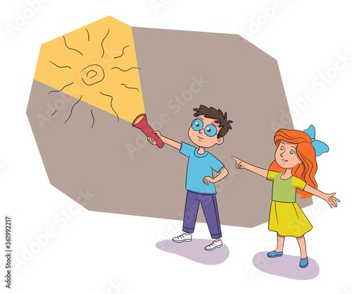 Boy girl find ancient drawing on quest room wall