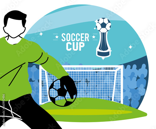 Soccer goalkeeper player man with ball in front of goal vector design