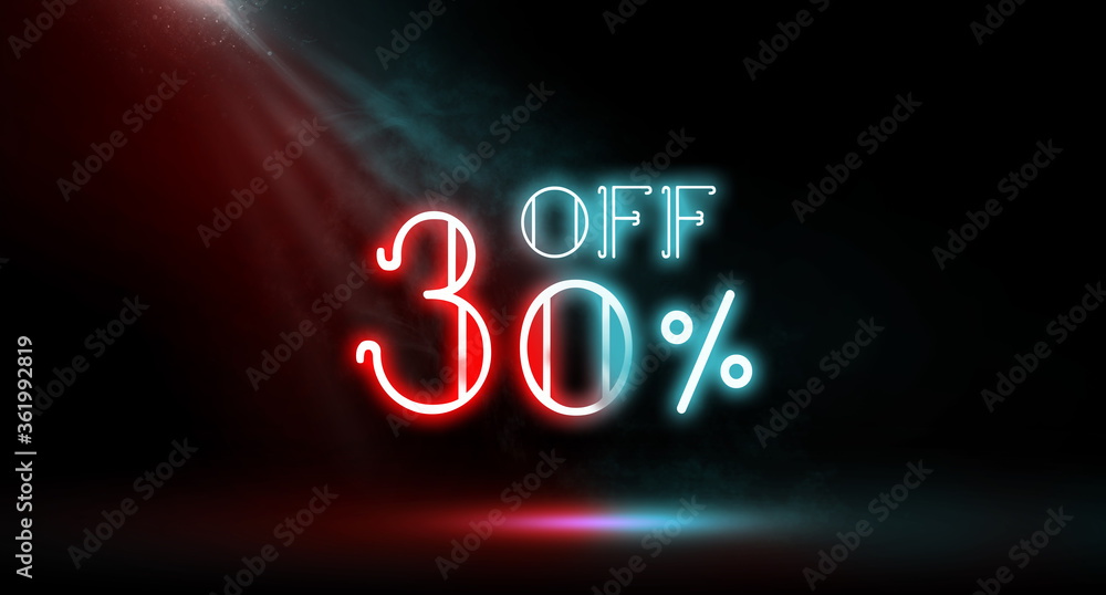 30% OFF, Studio room environment with smoke and spotlight.