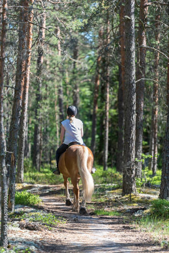 Woman horsabeck riding in forest
