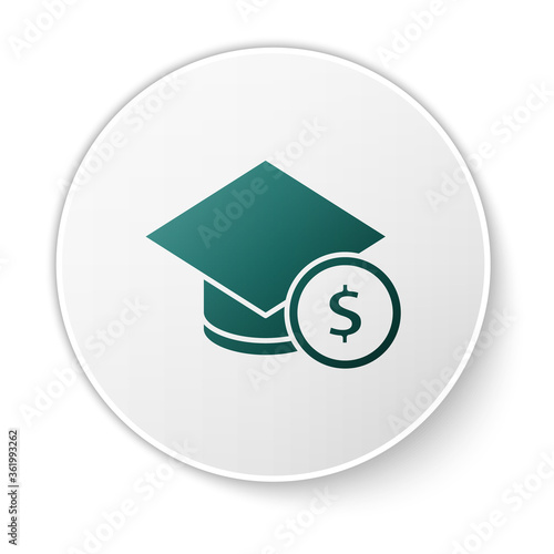 Green Graduation cap and coin icon isolated on white background. Education and money. Concept of scholarship cost or loan, tuition or study fee. White circle button. Vector..