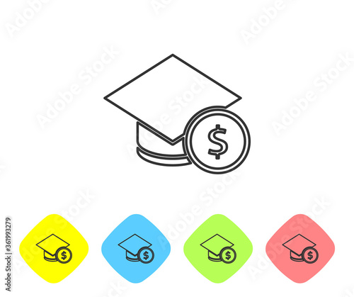 Grey line Graduation cap and coin icon isolated on white background. Education and money. Concept of scholarship cost or loan, tuition or study fee. Set icons in color rhombus buttons. Vector..