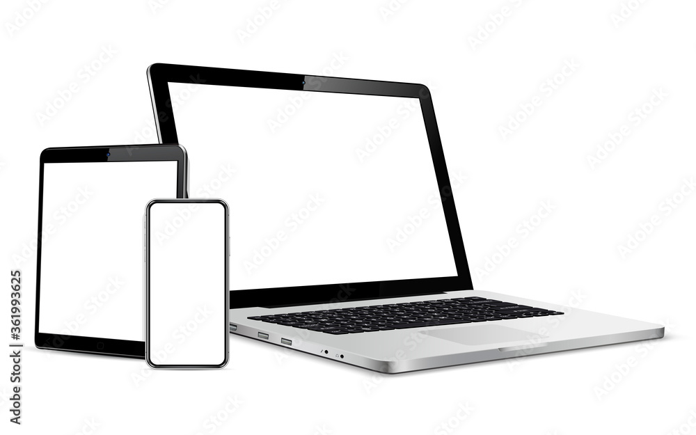 Gadgets including smartphone, digital tablet and laptop, blank screen with copyspace - obrazy, fototapety, plakaty 