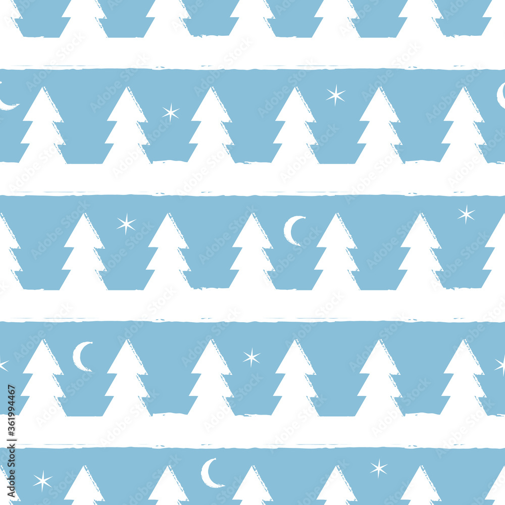 Obraz premium Winter woodland seamless vector pattern. Snow covered trees landscape surface print design for seasonal backgrounds, fabrics, textiles, statoinery, and christmas wrapping paper, and packaging.