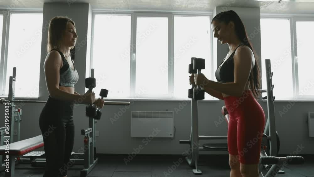 Side view of stunning fitness girls standing opposite to each other and lifting heavy barbells for training arms. Young women with athletic body shape workout together at gym. Side view of stunning fitness girls standing opposite to each other and lifting heavy barbells for training arms. Young women with athletic body shape workout together at gym.